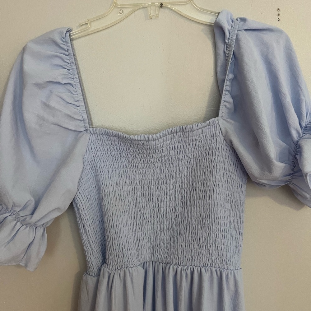 Altar'd State Light Blue Smocked Midi Dress with Puff Sleeves - Picture 3 of 4